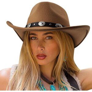 Women's Brown Western with Braided Band Buckle Classic Fedora Cowboy Felt Hat